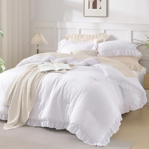 Andency King Size Comforter Set White, 3 Pcs Ruffle Farmhouse Bedding Sets