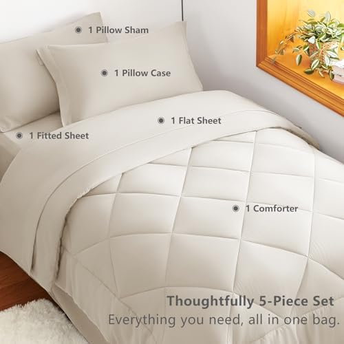 CozyLux Twin XL Comforter Set 68"x88" Beige - 5 Piece Bed in a Bag