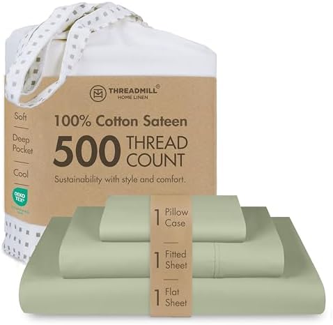 Threadmill 500 Thread Count Cotton Twin XL Sheet Set, Sateen, Sage, 3-Piece