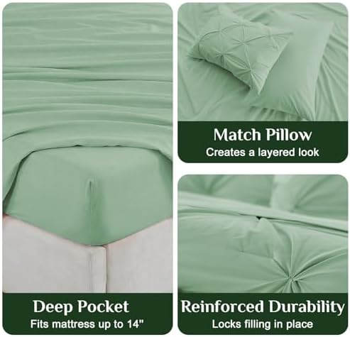 JOLLYVOGUE Twin Comforter Set 5 Pieces - Bed in a Bag Twin for All Season, Pintuck Bedding Comforter Sets with Comforter, Flat Sheet, Fitted Sheet and Pillowcases & Shams, Sage Green