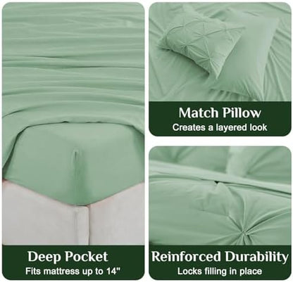 JOLLYVOGUE Twin Comforter Set 5 Pieces - Bed in a Bag Twin for All Season, Pintuck Bedding Comforter Sets with Comforter, Flat Sheet, Fitted Sheet and Pillowcases & Shams, Sage Green