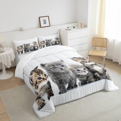 Feelyou Kids Cute Cat Bedding Set - Toddler Cartoon Pet Cats Comforter Set for Girls & Boys - Cute Kitten Room Decor - Kawaii Animal Theme Quilt Set - Queen Size with 2 Pillow Cases