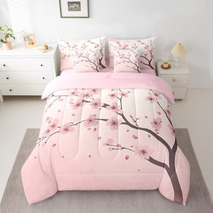 Erosebridal Cherry Blossoms Full Size Comforter Set, Girl Pink Floral 7-Piece Bed in A Bag, Japanese Spring Sheets and Pillowcases, Petal Branch Girly Romantic Bedding Set Room Decor