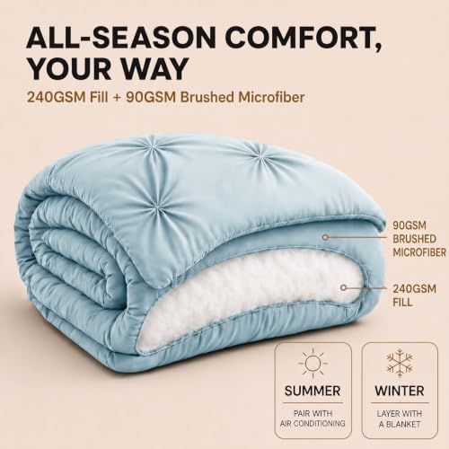 HIMEET Twin XL Comforter Set Light Blue - 5 Pieces Pintuck Bed in a Bag