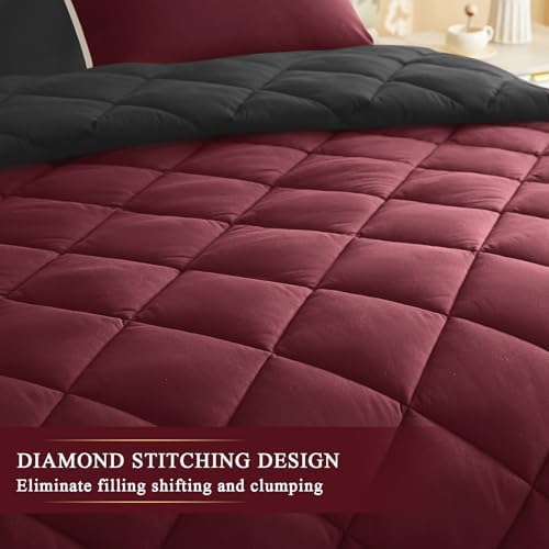 MIOTO 120x98 Oversized King Comforter,Super King Size Comforter Oversized, All Season Soft Lightweight Quilt Down Alternative Duvet Insert with 8 Corner Tabs, Burgundy/Black