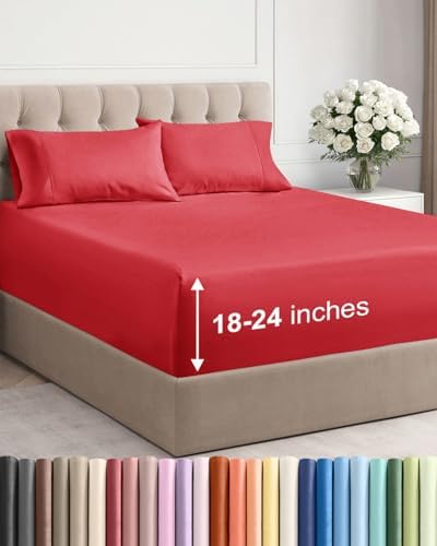 Extra Deep Full Sheet Set - 4 Piece Breathable & Cooling Bed Sheets - Red