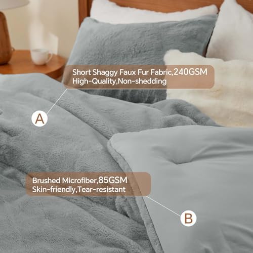 BEDELITE Faux Fur Queen Comforter Set Grey,Warm Bedding with 2 Pilowcases