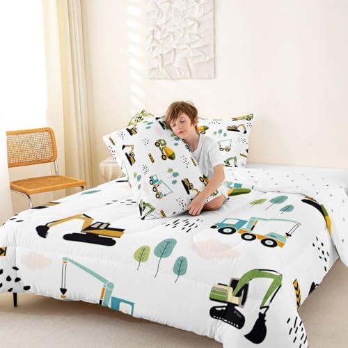 Feelyou Excavator Kids Comforter Construction Trucks Comforter Set for Boys Teens Heavy Vehicles Decor Bedding Set Cartoon Cars Green Orange Quilt with 2 Pillowcases 3Pcs Bedding Full Boys