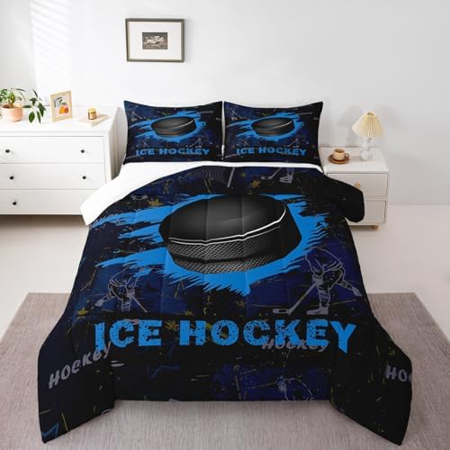 Manfei Ice Hockey Kids Comforter Set King Size, Sports Gaming Theme Blue Quilt Set with 2 Pillowcases, Hockey Player Bedding Set 3pcs for Boys Girls Bedroom Decor Lightweight Duvet Insert