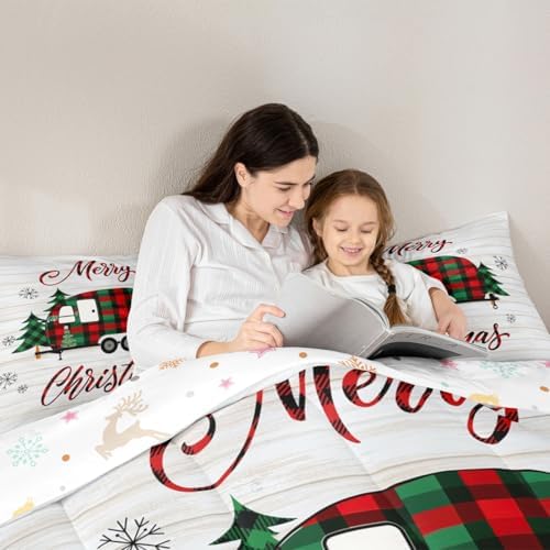 Christmas RV Camper Comforter Set Twin,Rustic Farmhouse Bedding Set for Kids Teens Adults Room Decor,Colorful Xmas Camping Car Quilt Set Cartoon Outdoor Traveling Duvet Insert,1 Pillowcase