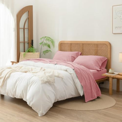 BESTOUCH Sheet Set 100% Washed Cotton Linen Feel Super Soft Comfortable Chic Lightweight 4 Pcs Home Bedding Set Solid Red Pink California King