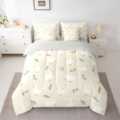 Erosebridal Cute Silly Goose Twin Bedding Set Cartoon Ducks 7 Pieces Comforter Set with Sheets for Kids Boys Girls Kawaii Floral Animals Bed in a Bag Beige Farmhouse Animal Bed Sets