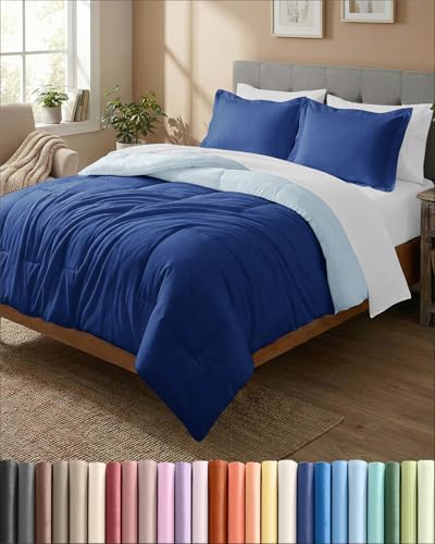 King Comforter Set - Navy Blue/Sky Blue Bedding, All Seasons - 3 Piece Set