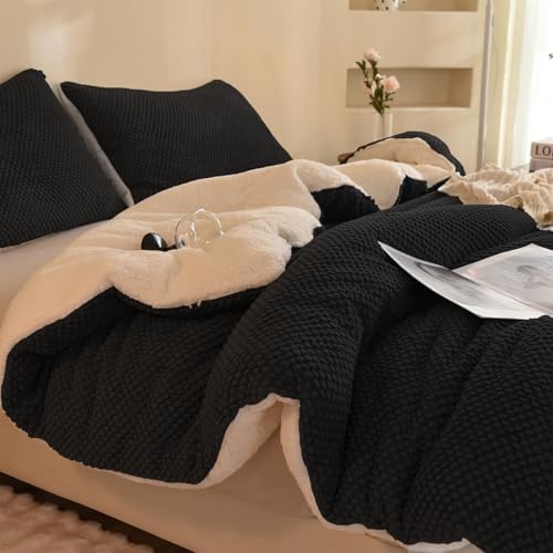 LLanCL 3D Jacquard Design Comforter Set, Ultra-Soft Warm Twin Size Sherpa Fur Plush 2-Pieces Sets Luxury Cozy Bedding with 1 Pillowcase (68"x90", Black)