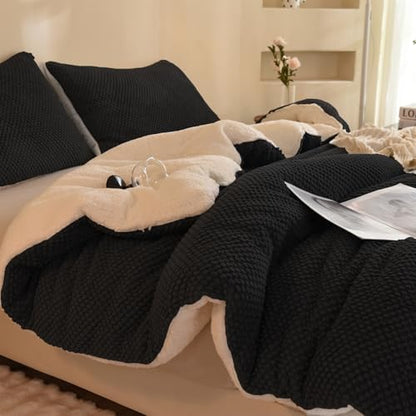 LLanCL 3D Jacquard Design Comforter Set, Ultra-Soft Warm Twin Size Sherpa Fur Plush 2-Pieces Sets Luxury Cozy Bedding with 1 Pillowcase (68"x90", Black)