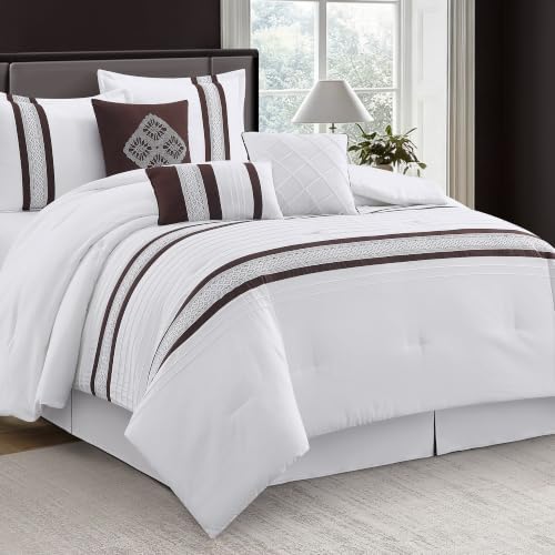 LANCO MODERN LIFESTYLE 7 Piece Comforter Set, Coffee White, Queen Size, Boho Style Geometric Microfiber Embroidery, Bed in a Bag with Bedskirt, Pillow Shams and Decor Pillows
