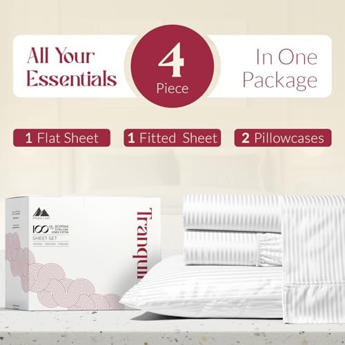 Mayfair Linen 100% Egyptian Cotton Full Size Sheet Set - Luxury 800 Series Striped Egyptian Cotton Sheets Full Size (4 PC, White Stripe), Silky Soft Cooling 16" Deep Pocket Damask Hotel Bed Sheets