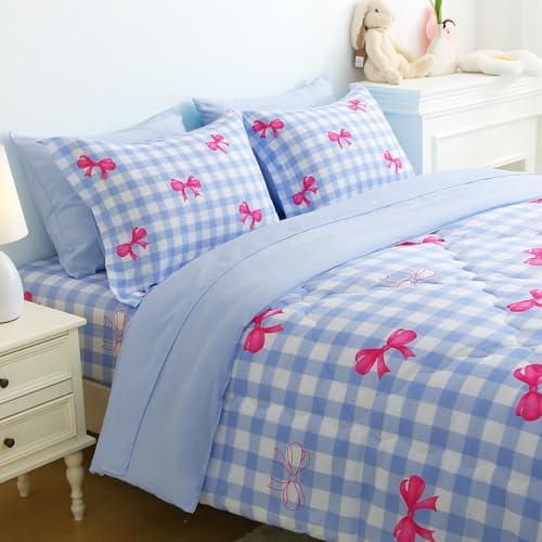 Wajade Bow Comforter Set 7 Piece Blue Gingham Plaid Comforter Sets for Girls Kids Twin Size Checkered Bedding Set with Sheet and 2 Pillowcases 2 Pillow Shams Cute Girls Bed in a Bag as Birthday Choice