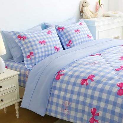 Wajade Bow Comforter Set 7 Piece Blue Gingham Plaid Comforter Sets for Girls Kids Twin Size Checkered Bedding Set with Sheet and 2 Pillowcases 2 Pillow Shams Cute Girls Bed in a Bag as Birthday Choice