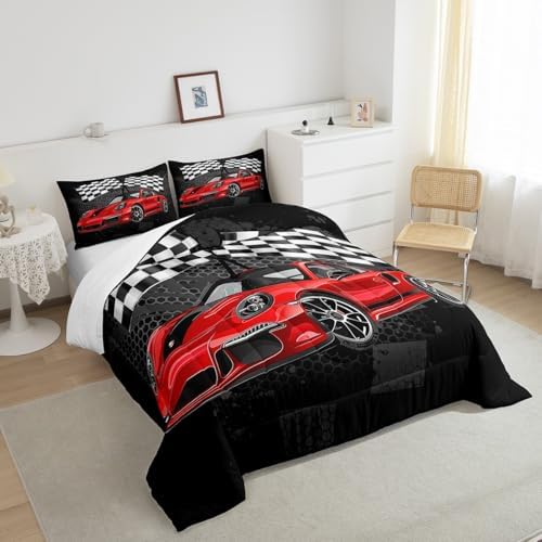 Manfei Racing Car Comforter Set King Size, Red Sports Car Quilt Set with 2 Pillowcases, Black White Plaid Grid Flag Print Bedding Set 3pcs for Kids Boys Teens Bedroom Decor