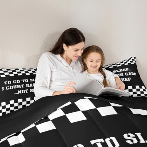 Castle Fairy Racing Theme King Size Comforter Set Kids Sports Car Decor All Season Bedding Set for Girls Teens Black and White Grid Comforter Decor Quilt Set Bedroom Collection 3Pcs