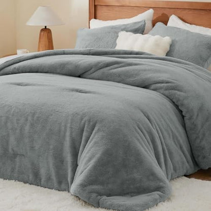 BEDELITE Faux Fur King Comforter Set Grey,Warm Bedding with 2 Pilowcases