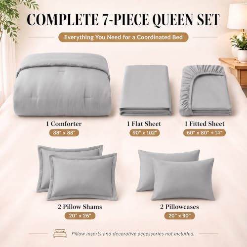 CozyLux Queen Comforter Set Light Grey, 7 Pieces Bed in a Bag