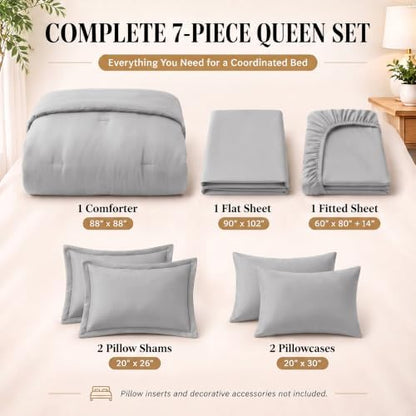 CozyLux Queen Comforter Set Light Grey, 7 Pieces Bed in a Bag