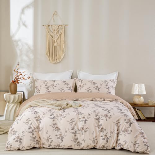 OAITE Twin Duvet Cover Set 3pcs 100% Cotton Vintage Dusty Pink Floral