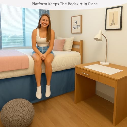 eBeddy Linens Split Corner Dorm Bed Skirt Twin XL – 32 Inch Drop, 100% Microfiber, Extra Long Bed Skirt for College Dorm, Platform Style, Lake Blue Solid, Hidden Storage Solution, Easy Fit