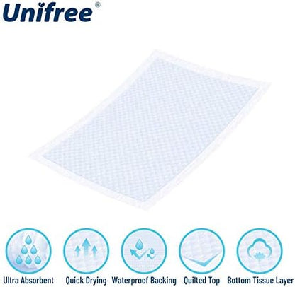 Unifree Disposable Underpad, Bed Pads, Incontinence Pad, Super Absorbent, 100 Count, Blue (M 24x24 Inch)