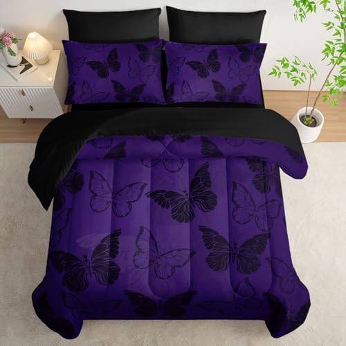 7Pcs Purple Butterfly Comforter Set Black Purple Printed Bedding Set with 1 Comforter, 1 Flat Sheet, 1 Fitted Sheet and 4 Pillowcases for Boys and Girls Bedroom (Butterfly-5 Queen