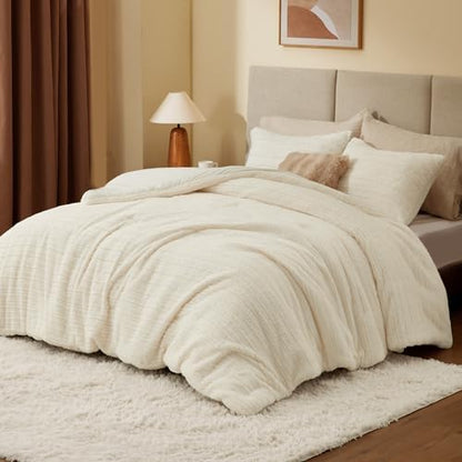 BEDELITE Faux Fur Queen Comforter Set, Fluffy Bed Set, Cream White