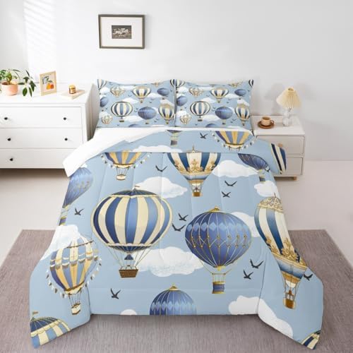 Hot Air Balloon Comforter Set Twin Size,Sky Bird Bedding Sets 2pcs for Kids Boys Girls Teens Room Cover,Adventure Games Themed Duvet Insert Sets Romantic Blue Quilted Duvet Set with 1 Pillowcase