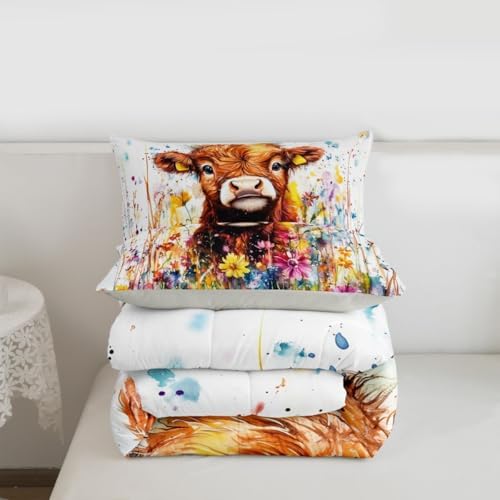 jejeloiu Cute Cow Comforter Set Full Size Highland Cattle Bedding Set for Kids Boys Girls Flower Farmhouse Duvet Quilt Wildlife Bedroom Decor Microfiber 3 Pcs with 2 Pillow Cases