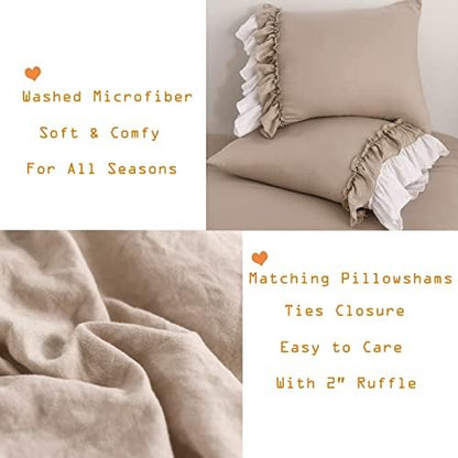 Masaca Ruffled Comforter King Size,Farmhouse Rustic Bedding Shabby Boho Chic Taupe and White Bedding Vintage Aesthetic Lightweight Fluffy Comforter Set 3 Pieces