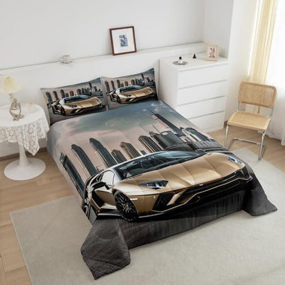 Feelyou Race Car Comforter Set Sports Bedding Set for Kids Galaxy Speed Racing Car Design Automobile Quilt Room Decor 3Pcs Queen Size