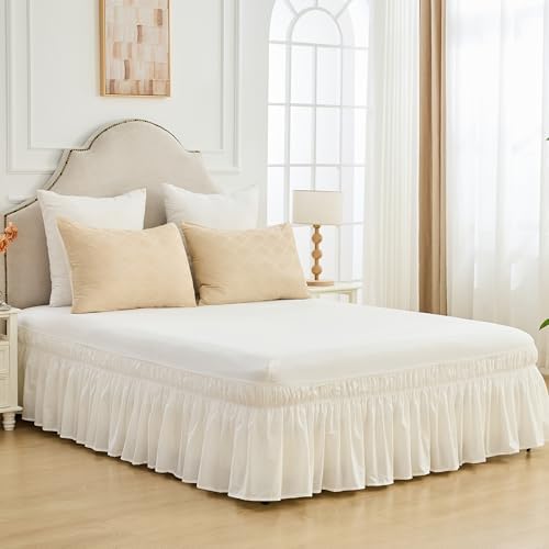 BISELINA Wrap Around Bed Skirts 17" Drop, Cotton Adjustable Elastic Dust Ruffles Easy Fit Wrinkle & Fade Resistant Soft Cozy Elegant Luxurious Bedding - White, King Size