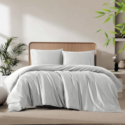 Queen Duvet Cover Set 3 Pieces, 100% Organic Viscose derived from Bamboo, Luxuriously Soft & Cooling, 1 Duvet Cover and 2 Pillowcases, 90" x 90"(Queen, Linen)