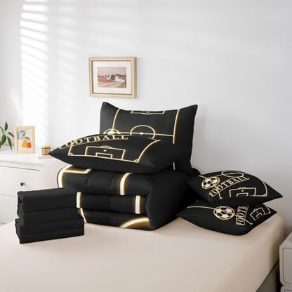 Erosebridal Sport Bed in a Bag 7-Piece for Boys Soccer Bedding Set, Sports Theme Twin Size Comforter Set Orange Black Bedding Comforter Sets, Glowing Gradient Bed Set Ultra Soft (Black Reversible)