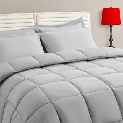 Light Grey Queen Size Comforter Set - 7 Pieces, Bed in a Bag Bedding Sets with All Season Soft Quilted Warm Fluffy Reversible Comforter,Flat Sheet,Fitted Sheet,2 Pillow Shams,2 Pillowcases,Light Gray