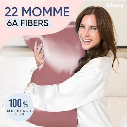 Blissy Silk Pillowcase - 100% Pure Mulberry Silk - 22 Momme 6A High-Grade Fibers - Silk Pillow Cover for Hair & Skin - Regular, Queen & King (Plum, Queen)
