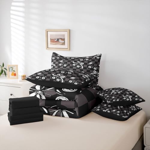 7 Piece Y2K Lucky 8 Ball Comforter Set Queen Coquette Cherry Bow Bedding Set For Kids Boys Girls,Black Brown Checkered Plaid Bed In A Bag With Sheets Fashion Funky Aesthetic Bed Set Preppy Room Decor