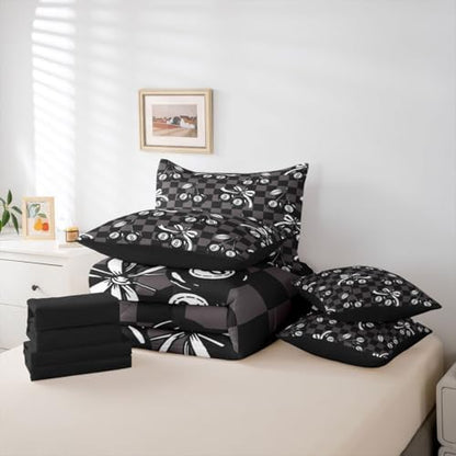 7 Piece Y2K Lucky 8 Ball Comforter Set Queen Coquette Cherry Bow Bedding Set For Kids Boys Girls,Black Brown Checkered Plaid Bed In A Bag With Sheets Fashion Funky Aesthetic Bed Set Preppy Room Decor