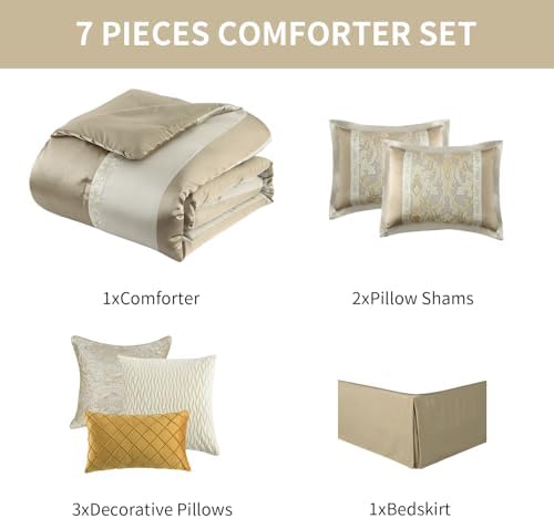 Bedduvit Luxury 7 Piece Bed in Bag, Vintage Damask Jacquard Thick California King Comforter Set, Luxurious Genuine Patchwork Cal King Bedding Set with Bed Skirt, Decor Pillows, Shams, Gold/Beige/Cream