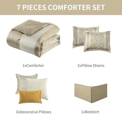 Bedduvit Luxury 7 Piece Bed in Bag, Vintage Damask Jacquard Thick California King Comforter Set, Luxurious Genuine Patchwork Cal King Bedding Set with Bed Skirt, Decor Pillows, Shams, Gold/Beige/Cream