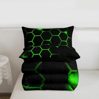Feelyou Hexagonal Comforter Set Geometric Honeycomb Bedding Set for Kids Adults Neon Green Black Comforter Modern Hexagon Beehive Quilt Set Ultra Soft Room Decor Queen Size Bedroom Collection 3Pcs
