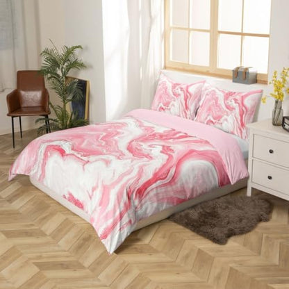 Pink Marble Bedding Set, Queen Abstract Modern Style Comforter Cover,for Girls Women Boys Teens Romantic Theme Duvet Cover Soft Cozy Reversible Duvet Cover, 1 Duvet Cover+2 Pillowcases, Zipper Closure