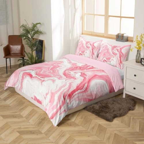 Pink Marble Bedding Set, Full Abstract Modern Style Comforter Cover,for Girls Women Boys Teens Romantic Theme Duvet Cover Soft Cozy Reversible Duvet Cover, 1 Duvet Cover+2 Pillowcases, Zipper Closure