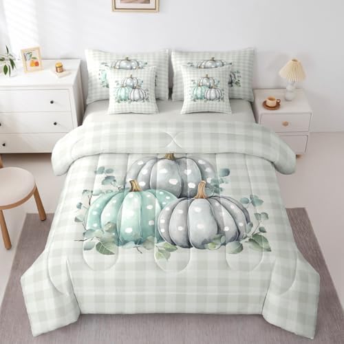 Erosebridal Thanksgiving Day 7 Piece Bedding Set Twin Fall Pumpkins Comforter Set with Sheets Autum Leaves Bed in a Bag Polka Dots Natural Bed Sets Comforter